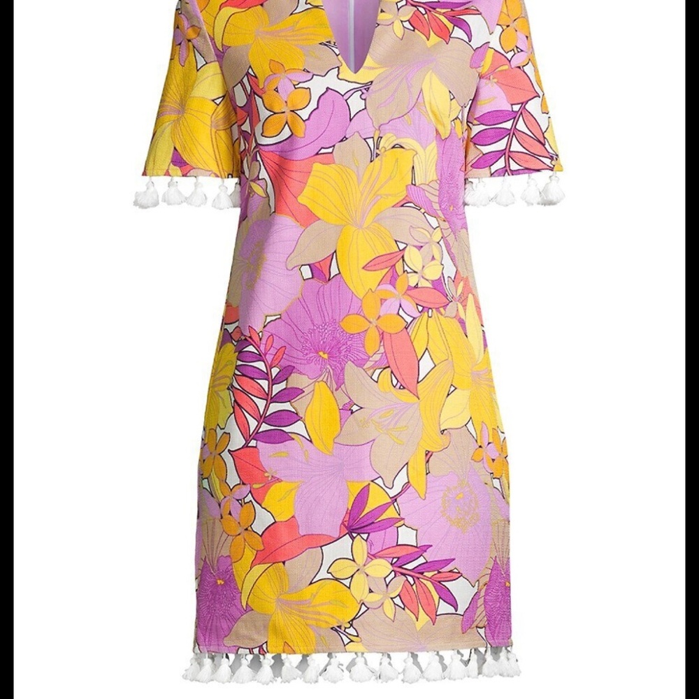 Trina Turk Fringe Mini Dress Floral Purple Yellow Pink Print Ranie S/S size 6